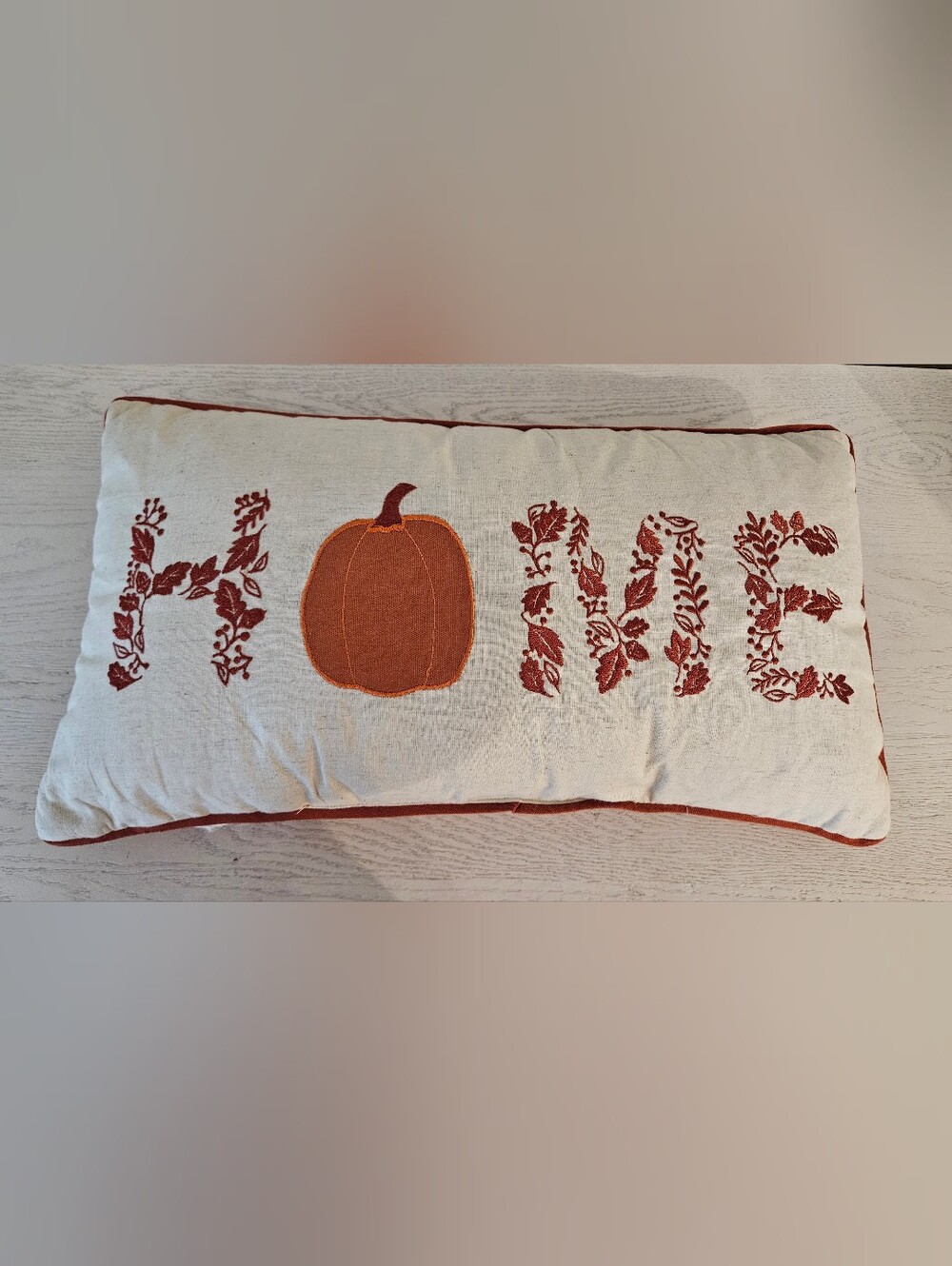 Fall Pumpkin & Leaves Embroidered Pillow 10x20"